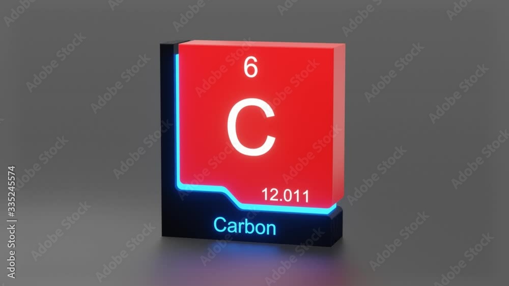 Carbon, periodic table element 3D animation, modern educational red icon with blue neon light Carbon, periodic table element 3D animation, modern educational red icon with blue neon light
