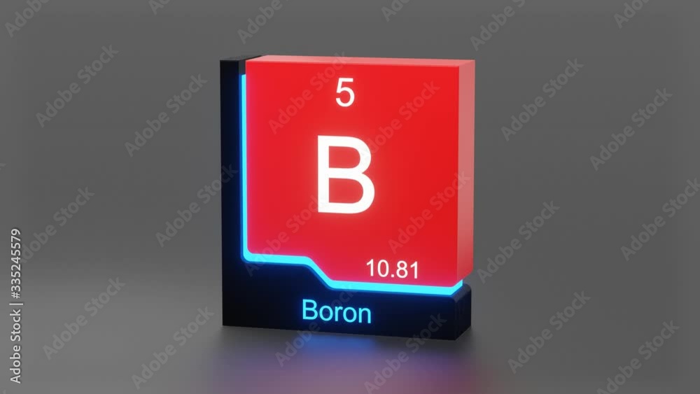 Boron, periodic table element 3D animation, modern educational red icon with blue neon light Boron, periodic table element 3D animation, modern educational red icon with blue neon light