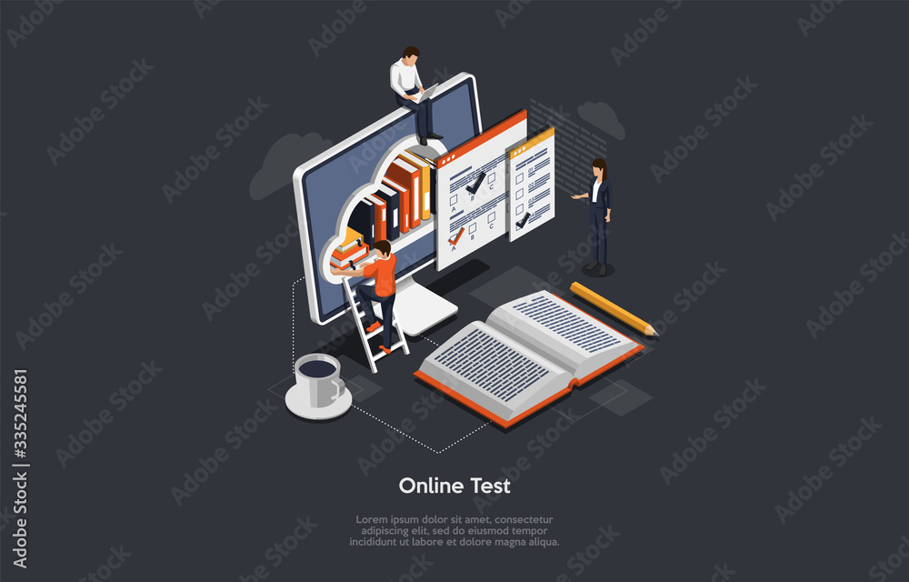 Isometric Online Test Concept. Group Of Students Have An Exam. Metaphor With Tiny Characters, Infographic And Huge Laptop With Books On The Screen And Man Standing On The Ladder. Vector Illustration