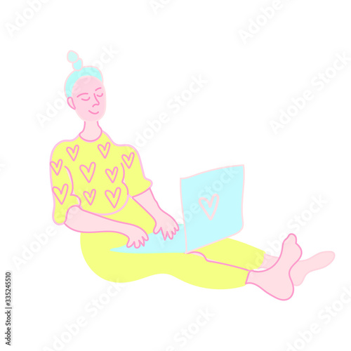 A vector woman at work with a laptop. A freelance worker working while quarantined at home in gentle shades of pink, yellow and turquoise. Design for banners,layouts,web,social networks,advertising.