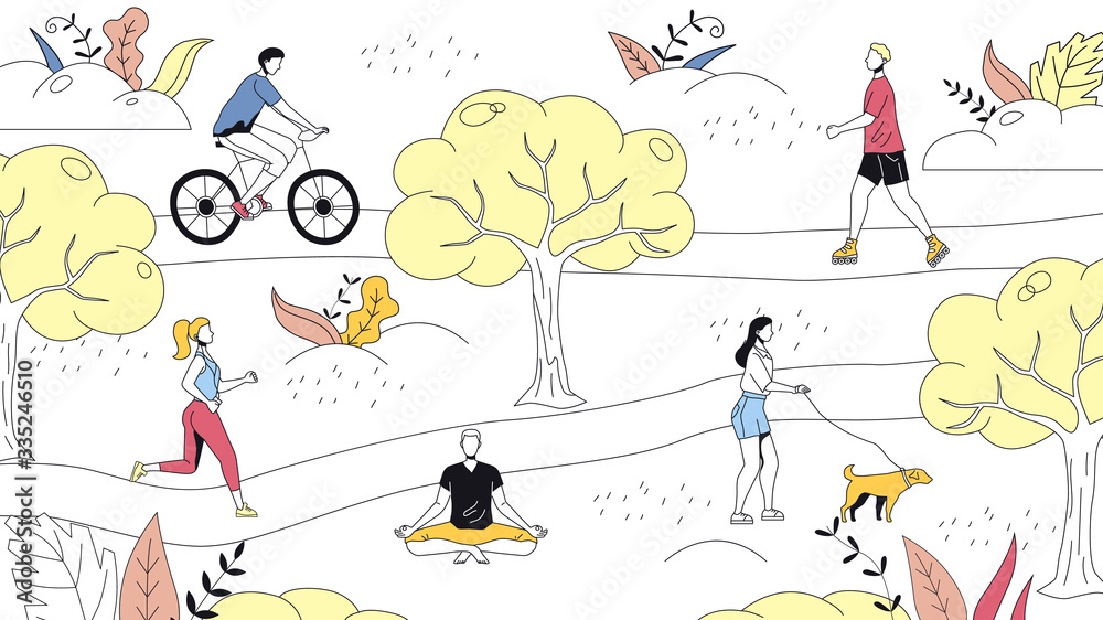 Weekend Time Leisure Concept. People Walk In the Park, Do Yoga, Ride Bicycle. Active People Do Sport And Have A Good Time. Weekend Active Time. Cartoon Linear Outline Flat Style. Vector Illustration Weekend Time Leisure Concept. People Walk In the Park, Do Yoga, Ride Bicycle. Active People Do Sport And Have A Good Time. Weekend Active Time. Cartoon Linear Outline Flat Style. Vector Illustration