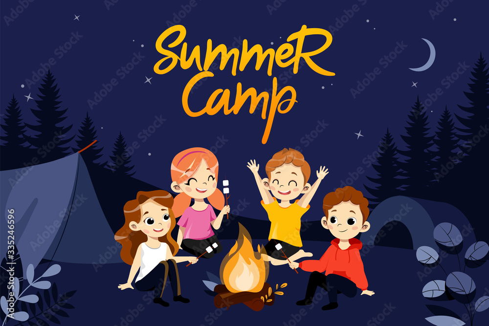 Naklejka premium Concept Of Children Summer Camp. Group Of Children During Summer Vacations Hiking. Kids Sit At Campfire And Eat Marshmallow. Beautiful Night Forest Nature Landscape. Cartoon Flat Vector Illustration