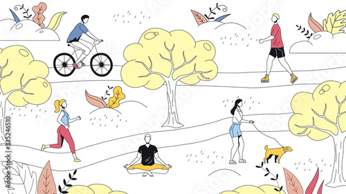Weekend Time Leisure Concept. People Walk In the Park, Do Yoga, Ride Bicycle. Active People Do Sport And Have A Good Time. Weekend Active Time. Cartoon Linear Outline Flat Style. Vector Illustration