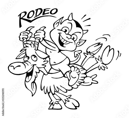 Devil holds goat by the horns and rodeo rides, black and white cartoon photo