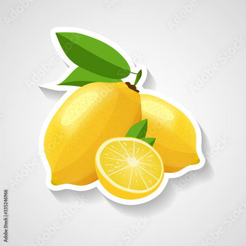 Lemon sticker vector illustration. Cartoon sticker with white contour in comics style. Decoration for patches, emblems, prints for clothes, cards, posters.
