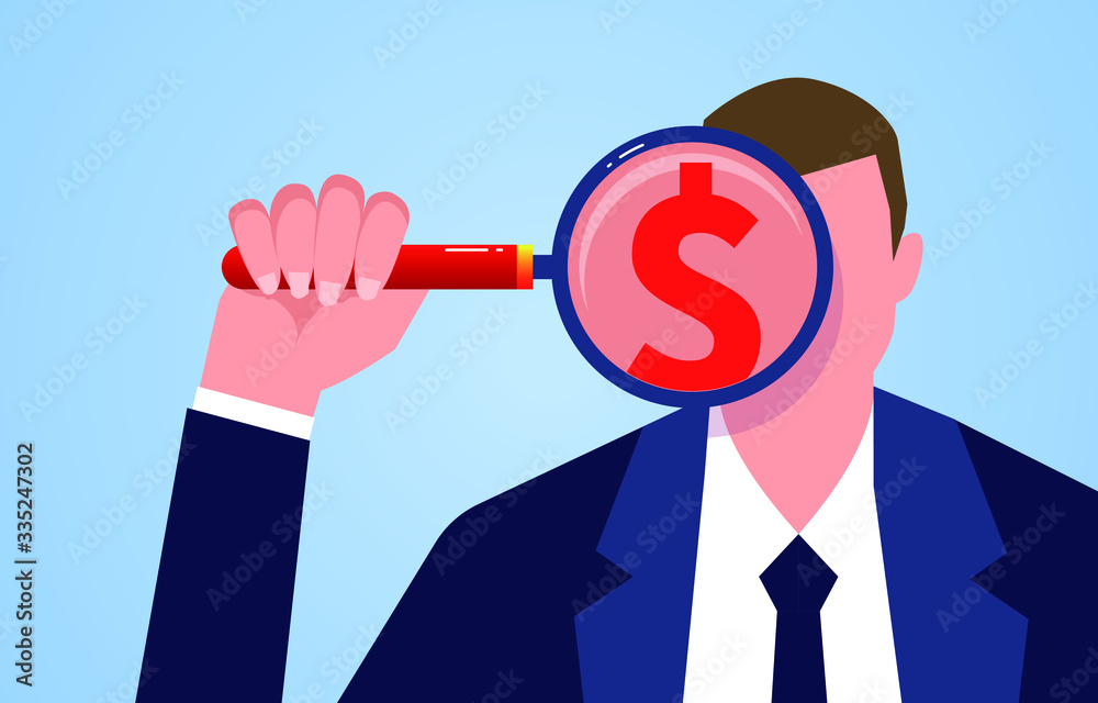 Hand holding magnifying glass to observe dollars Hand holding magnifying glass to observe dollars