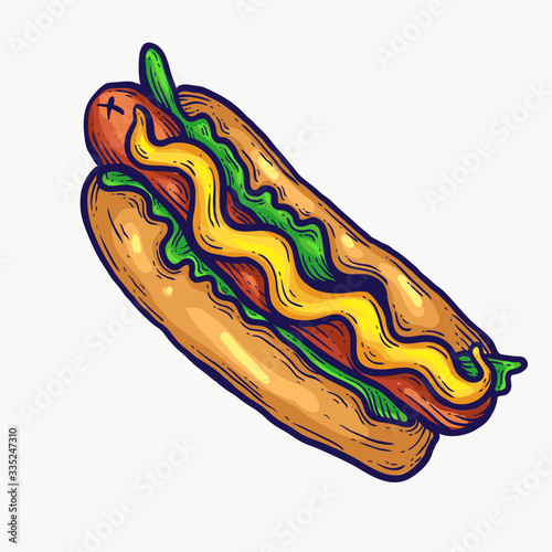 hot dog vector hand drawn illustration isolated. tasty junk food and street fast food. delicious clip art illustration of a hot dog with salad leaf and mayonaise. lunch time