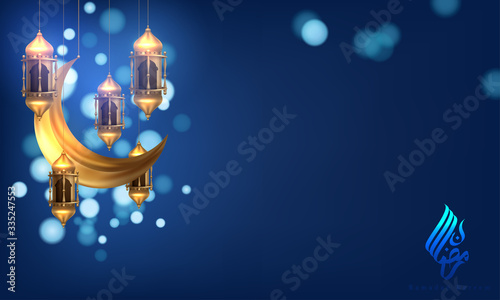 Ramadan kareem poster, arabic calligraphy with hanging ramadan lanterns and crescent element. Vector Illustration