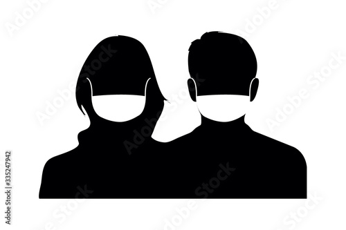 People in protective masks icon. Man and woman silhouette face to face