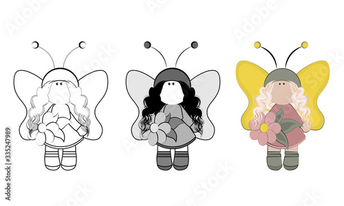 Fairy with wings in a magnificent dress and with a flower in her hand - set of three pictures