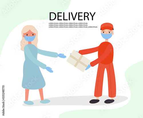 vector illustration. fast home delivery services. workers in gloves and masks gives a box with delivery to a girl in a cute dress © Valeriia Dorofeieva