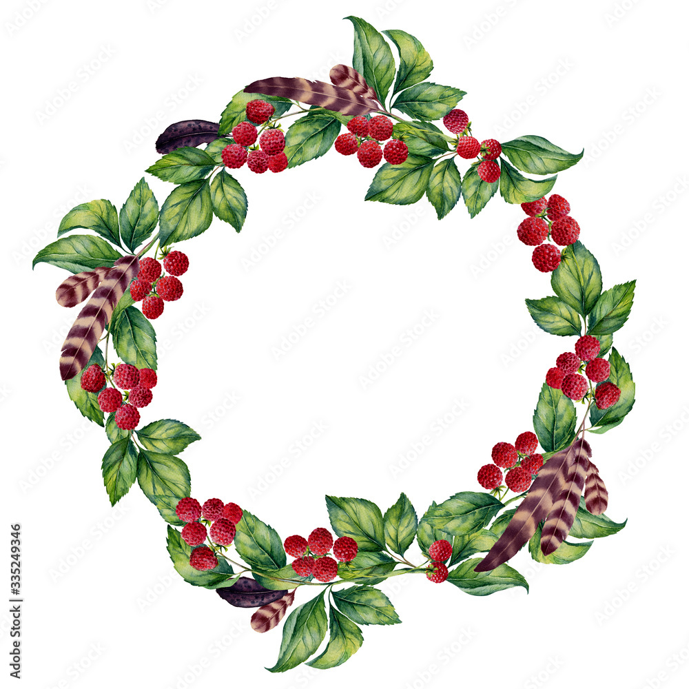 Watercolor illustration  wreath with feathers and raspberries on an isolated white background. Hand-painted berries ornament.