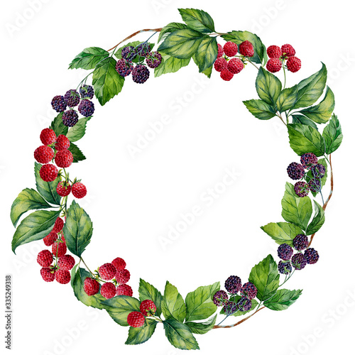 Watercolor illustration wreath with blackberries and raspberries on an isolated white background. Hand-painted berries ornament.