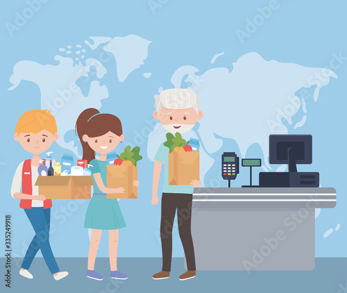 people waiting to pay in register counter food excess purchase