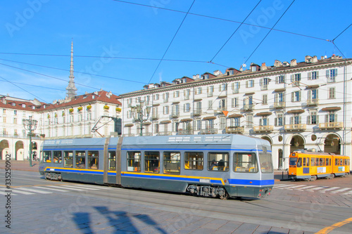 streetcars in the street of turin city in italy 