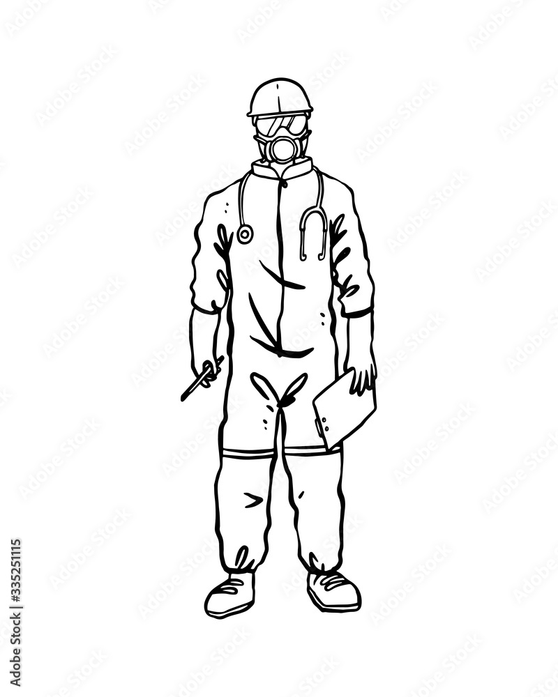 Medical team in personal protective equipment (PPE) to protect against virus outbreak infections (COVID-19, Ebola, and SARS). Isolated hand drawn in thin line style vector illustration