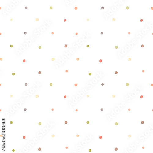 Сhildren's watercolor seamless pattern. Colorful polka dot background. Painting with yellow, red and green circles. Perfect for textile, fabric, wrapping paper, linens, wallpaper etc