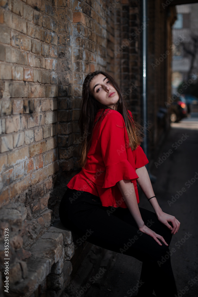 Girl in a red blouse and a gray cardigan on the background of the old brick wall Girl in a red blouse and a gray cardigan on the background of the old brick wall