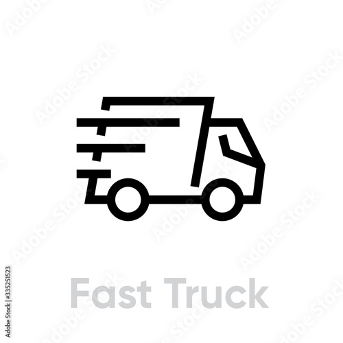 Fast Delivery Truck vector icon. Shipping truck rides fast with stripes of speed. Editable line