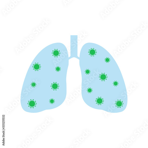 Lungs with virus, bacterium, microbes concept isolated on white. Sign caution Coronavirus. 