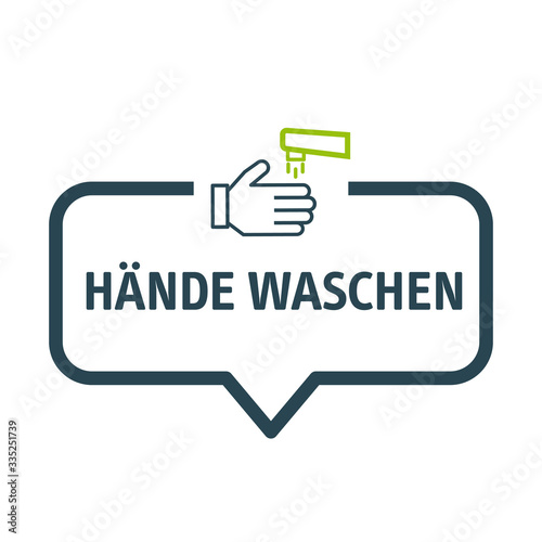Hände waschen - Sprechblase mit Symbol auf weißem Hintergrund