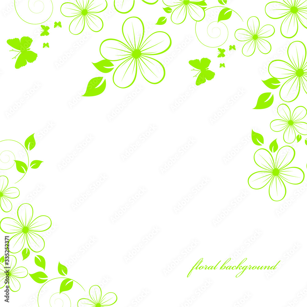 Green abstract floral background with flowers