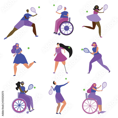 Set of tennis players with a racket isolated on a white background for design as a concept of inclusion and sports, flat vector stock illustration with a wheelchair disabled person and healthy athlete