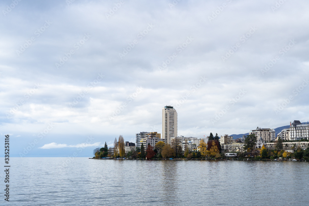 Montreux, a city in Switzerland  at the Lake Geneva in autumn. View over the lake.