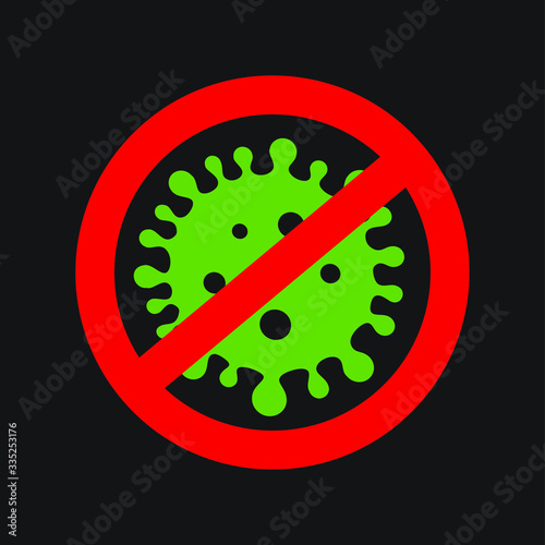 green virus in a red circle crossed out on a black background