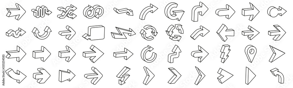 3D arrows pictograms vector set. Arrows symbol collection. Isometric outline icons