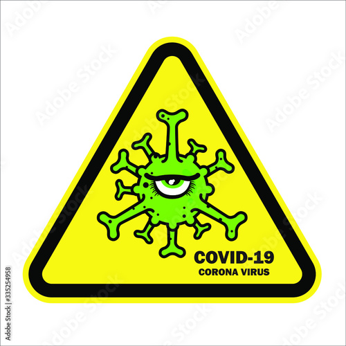 Coronavirus or covid-19 icon on yellow warning signboard