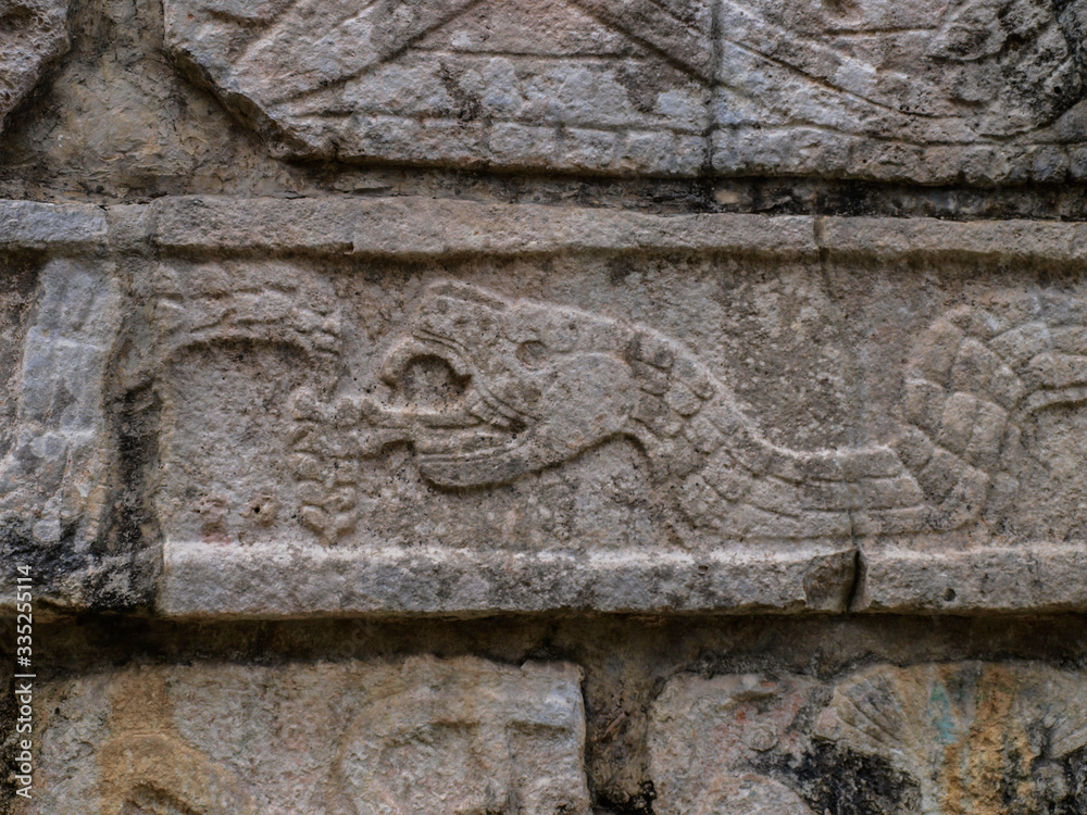 Close-up of mayan symbol of a snake at the ruins of Chichén-Itzá, Yucatan, Mexico, withouth people