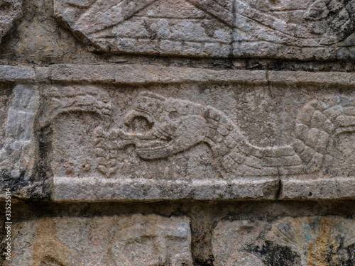 Close-up of mayan symbol of a snake at the ruins of Chich  n-Itz    Yucatan  Mexico  withouth people