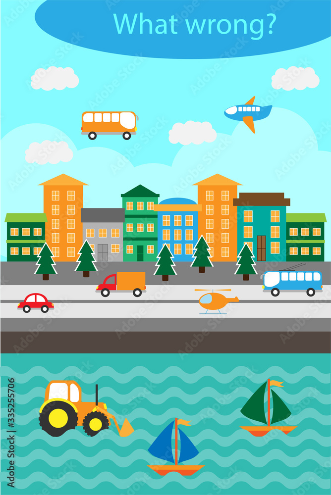 What wrong, find mistakes with transport for children, fun education game for kids, preschool worksheet activity, task for the development of logical thinking, vector illustration