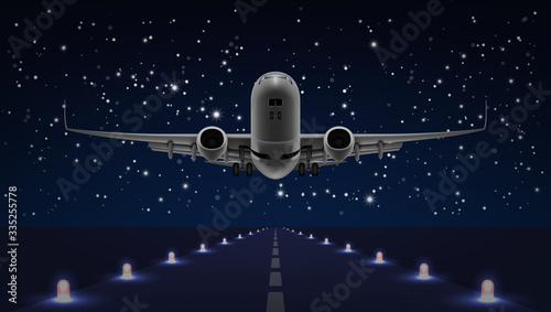 Take Off Airplane In The Night Sky End Dark Runway