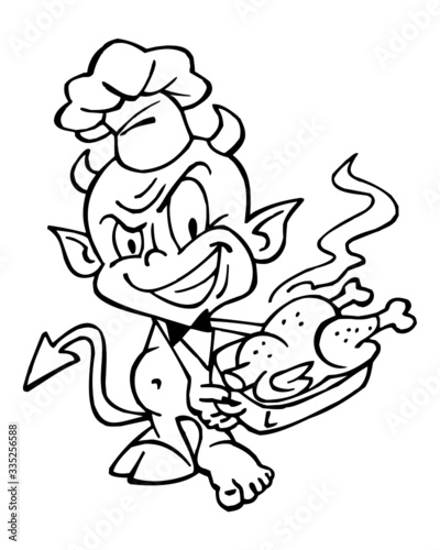 Devil chef with chef hat holding roasting pan with roast duck, black and white cartoon