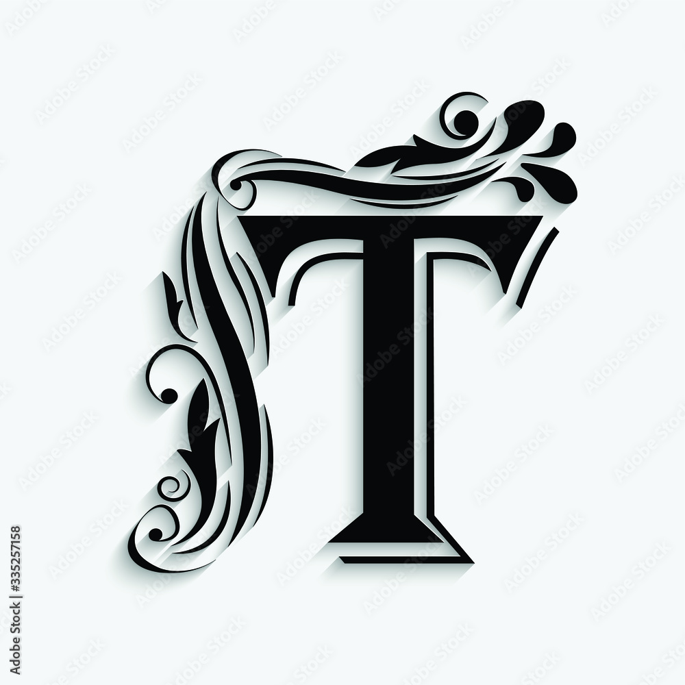 letter T. Black flower alphabet. Beautiful capital letter with shadow ...