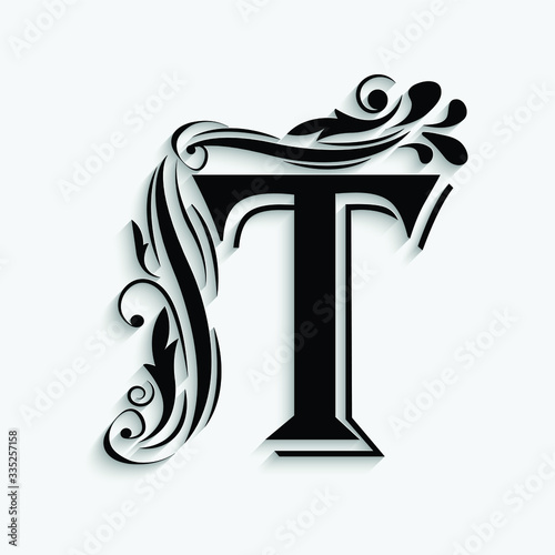 letter T. Black flower alphabet.  Beautiful capital letter with shadow