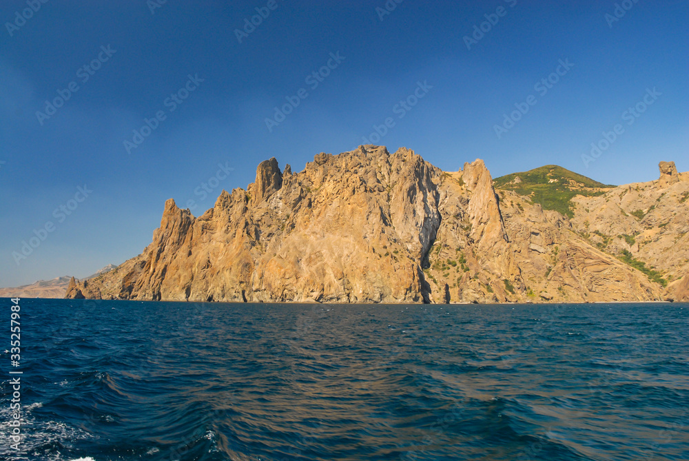 Kara Dag mountain view from boat in Black Sea nature landscape 