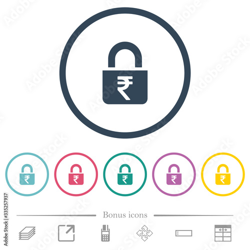 Locked rupees flat color icons in round outlines