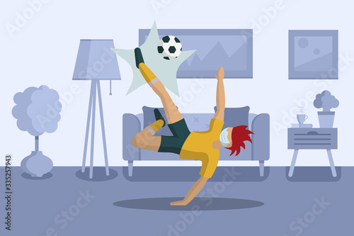 Self-quarantine concept. boy plays football at home during outbreak of COVID-19 virus. . Flat vector illustration.