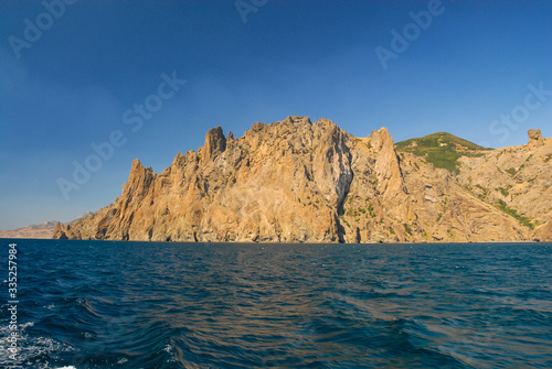 Kara Dag mountain view from boat in Black Sea nature landscape 