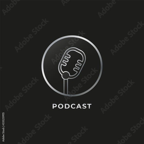 Silver Metallic Podcast logo design template isolated on black background. Retro Vintage Classic condenser microphone illustration. Broadcasting, Radio station. Pictorial logotype.