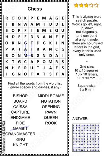 Chess game themed zigzag word search puzzle (suitable both for kids and adults). Answer included. 