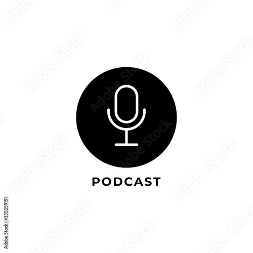 Isolated Minimal Podcast logo design template. Outline logo style. Black & white Pictorial logotype. condenser microphone icon illustration. Internet Broadcasting, Online Radio station.