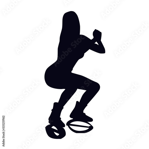 Female silhouette doing squat in kangoo jump boots. Girl doing strength exercise in bounce shoes during high intensity interval training HIIT. Cardio fitness and weight loss. Gaining good shape.