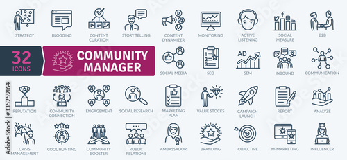Community Manager activities. Thin line Icon Pack. Vector symbols photo