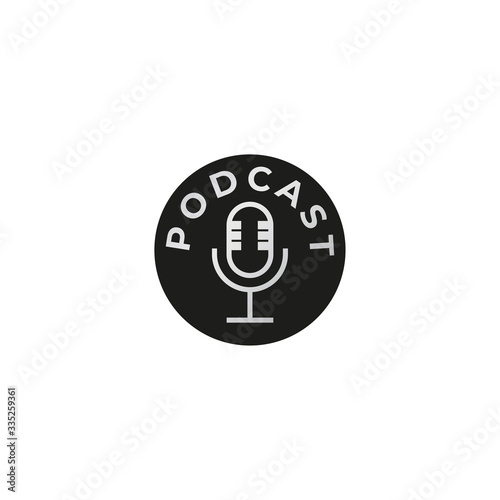 Minimal Podcast logo design template isolated on white background. Retro Vintage Classic condenser microphone illustration with black ellipse shape. Broadcasting, Radio station. Pictorial logotype.