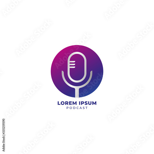 Minimal Podcast logo design template isolated on white background. microphone icon illustration with colorful ellipse shape. Broadcasting, Radio station. Magenta violet purple gradation color.