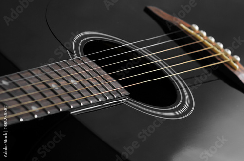 black acoustic guitar close up, studio light